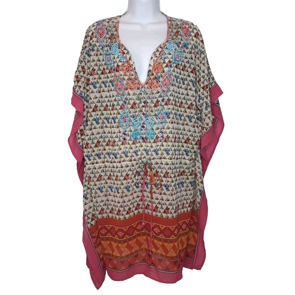 Lucky Coco Tunic Swimsuit Cover Up Women's Size M Beaded Boho Butterfly Pullover